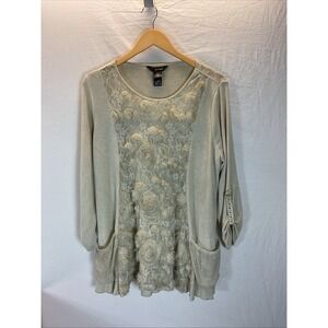 Ali Miles swing Tunic Top Size L Ivory Embellished‎ Textured floral Minimalist
